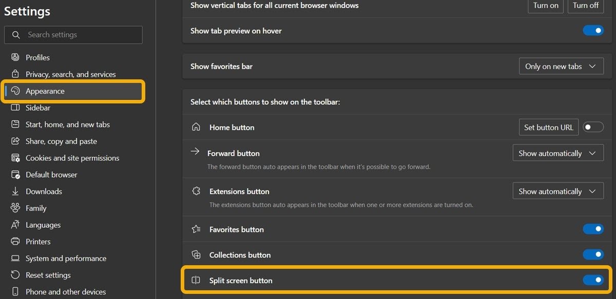 Включение «Кнопки разделения экрана» в разделе «Внешний вид» в Microsoft Edge.