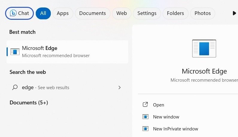 В меню поиска отсутствует значок браузера Microsoft Edge.