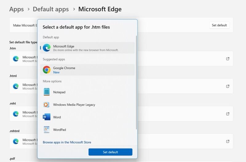 Изменение приложения по умолчанию для различных расширений файлов с Edge на Chrome.