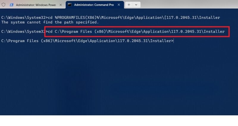 Копирование местоположения установщика Microsoft Edge в командной строке для перехода к этой папке.