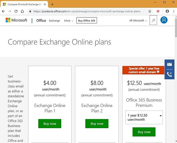 Сравнение тарифных планов Microsoft Exchange