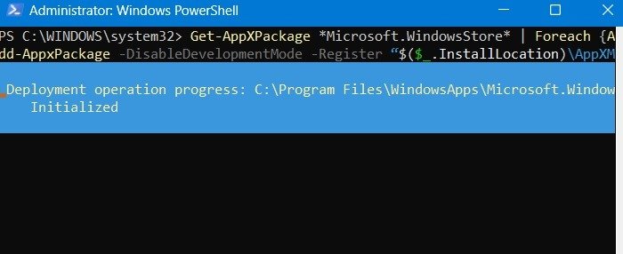 Магазин Microsoft не работает. Перерегистрация Powershell в Microsoft Store.