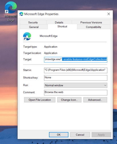 Коллекции Microsoft Edge меняют цель ярлыка