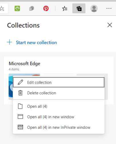 Меню редактирования коллекций Microsoft Edge