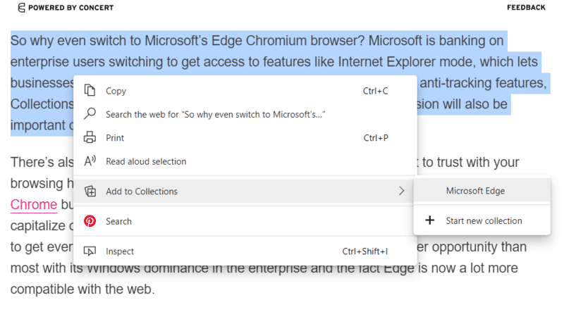 Текст коллекций Microsoft Edge по клику в коллекцию