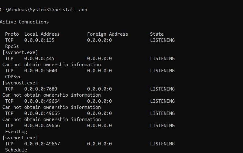 Мониторинг активных или активных сетевых подключений с помощью команды netstat-anb в командной строке Windows.