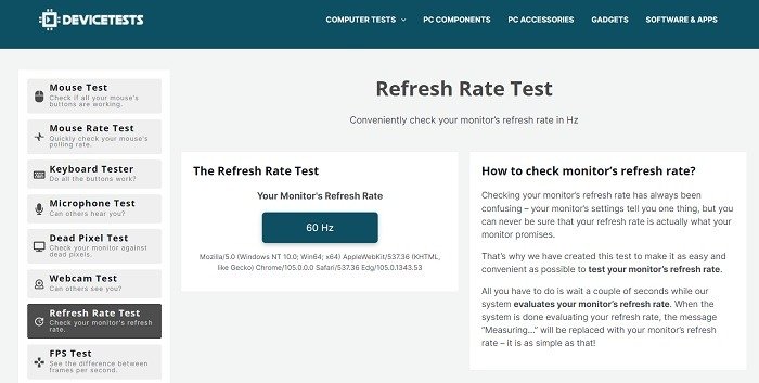 Частота обновления монитора Значение Devicetests