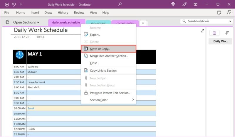 Переместить или скопировать в контекстном меню страницы OneNote