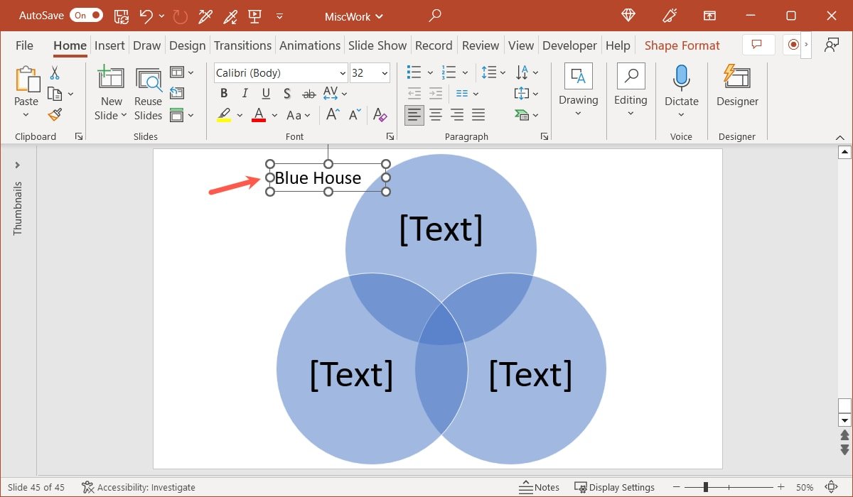 Добавлен текст и перемещено текстовое поле в PowerPoint.