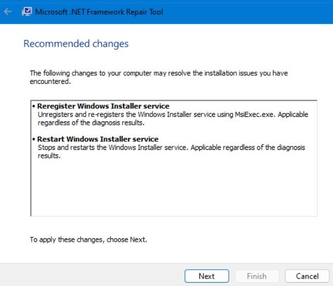 Запуск средства восстановления Microsoft .NET Framework с рекомендуемыми изменениями.