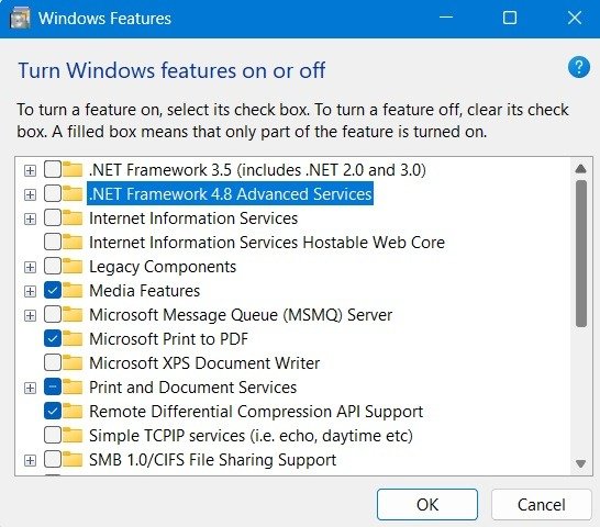 Снимите флажки с параметров .NET в разделе «Включение или отключение функций Windows».