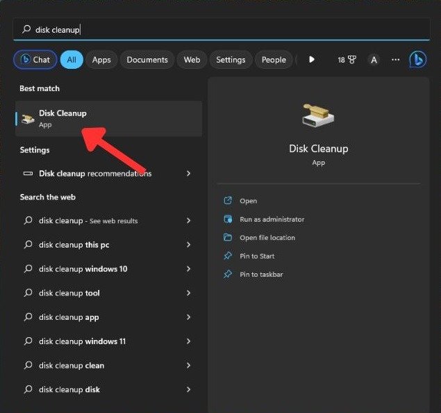 Нажмите «Очистка диска» в поиске Windows.