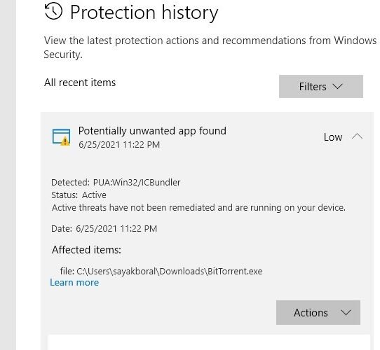 Нужна история защиты антивирусного Защитника Windows