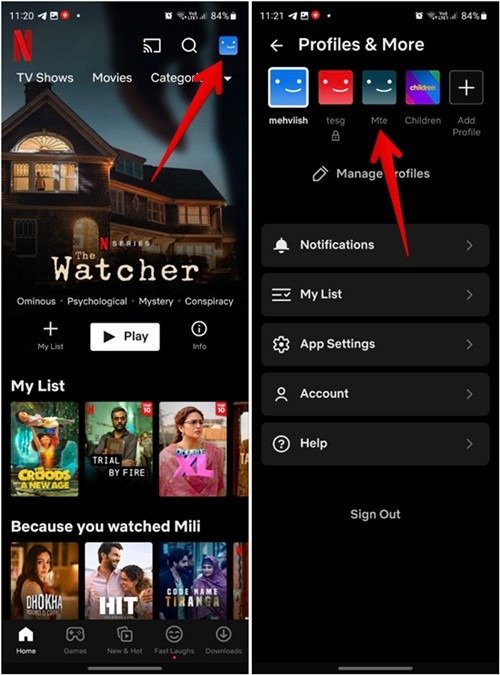 Профиль Netflix Mobile Switch в профиле