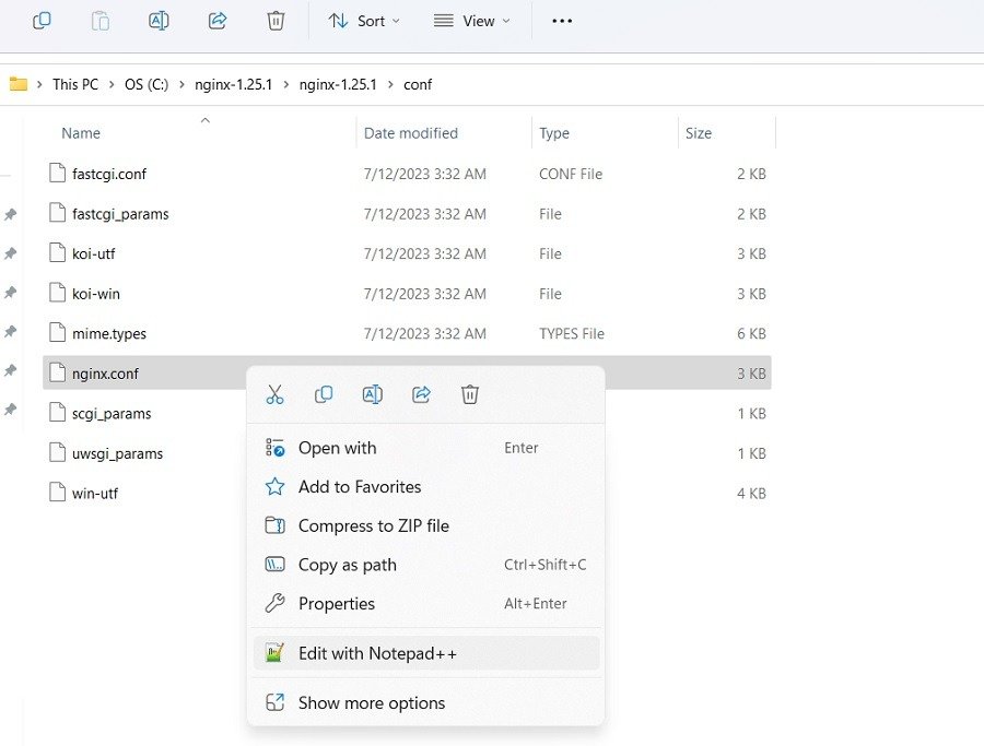 Щелкните правой кнопкой мыши, чтобы отредактировать файл конфигурации Nginx с помощью Notepad++.