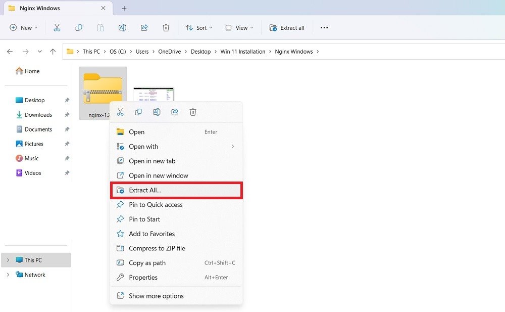 Щелкните правой кнопкой мыши, чтобы извлечь все файлы загруженного установщика Nginx.