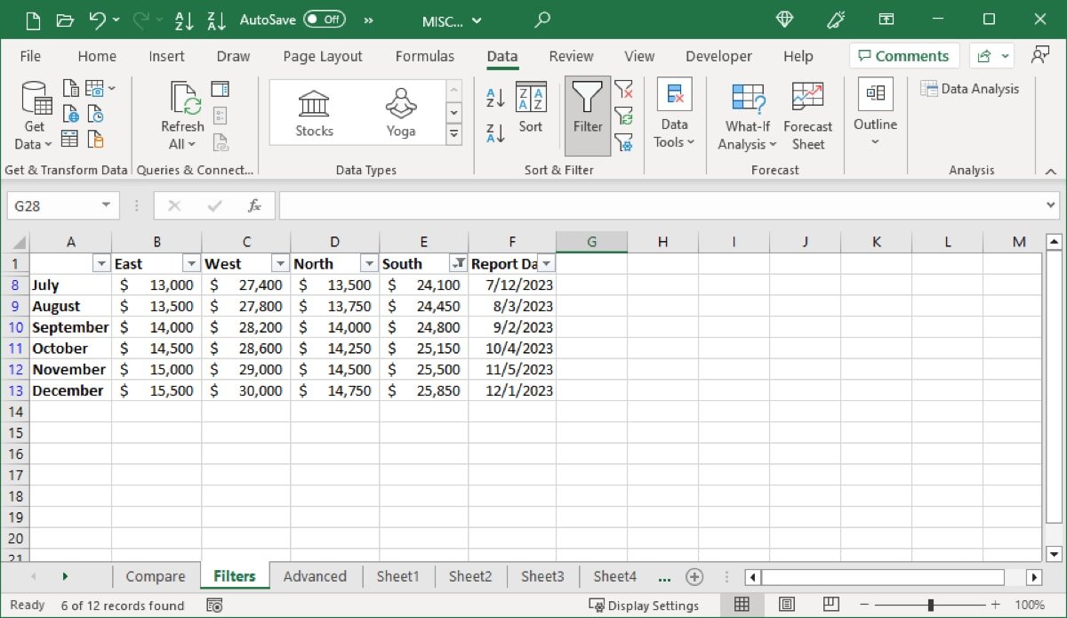 Числовой фильтр, примененный в Excel