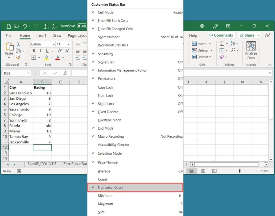 Числовой подсчет в строке состояния Excel