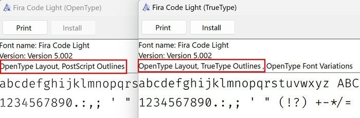 Сравнение Otf и Ttf Fira Code Windows Font Viewer 1