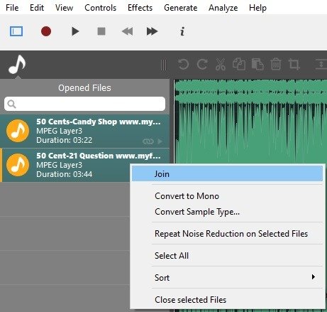 Объединение файлов Ocenaudio