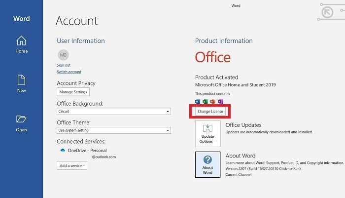 Проблема с лицензией Office. Страница информации об учетной записи Word. Изменение лицензии.