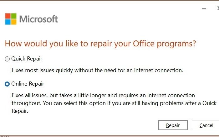 Проблемы с лицензией Office Microsoft Office Modify Online Repair 1