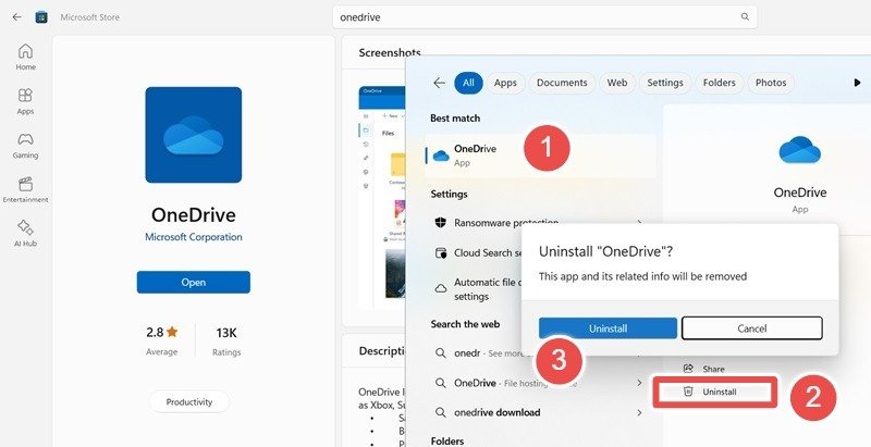 Действия по обычному удалению OneDrive непосредственно из поиска Windows.