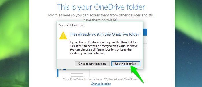 OneDrive-Использовать существующее местоположение