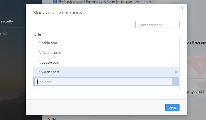Opera-Adblocker-Белый список-сайты