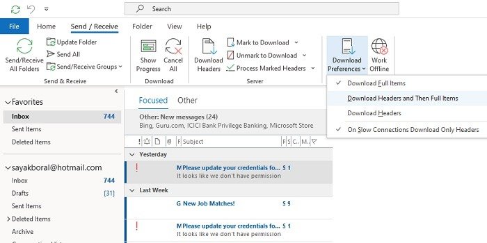 Проблемы с Outlook Настройки загрузки 1