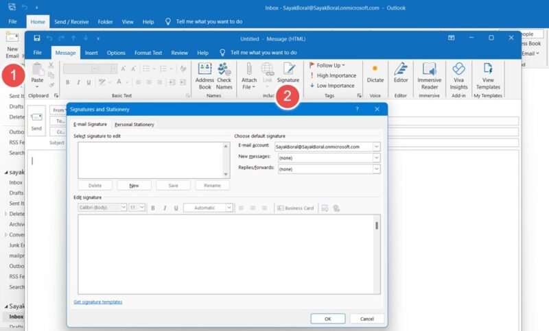 Открытие окна «Подписи и стационарные документы» в Outlook для Windows.