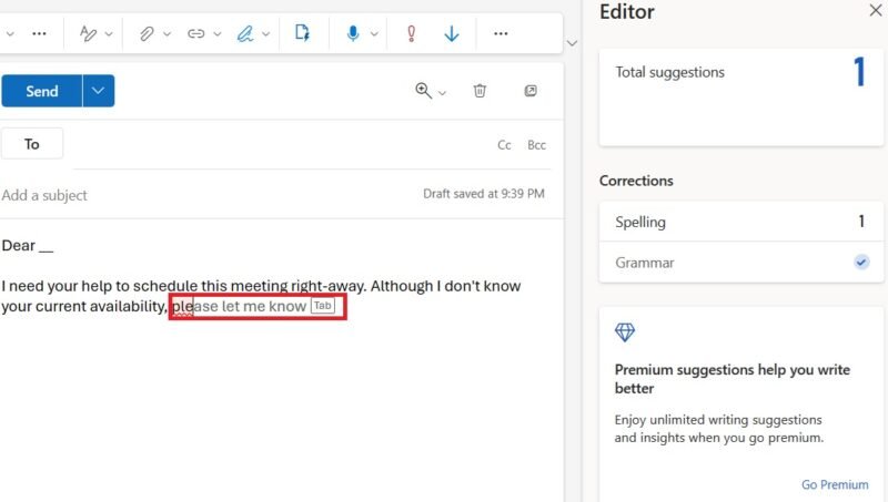 Автозаполнение предложений с помощью редактора Microsoft в Outlook (бесплатная версия).