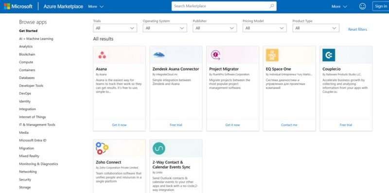 Azure Marketplace с различными приложениями, такими как Asana и Zoho Connect.