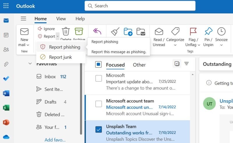 Сообщить о фишинге и игнорировать в Outlook.com