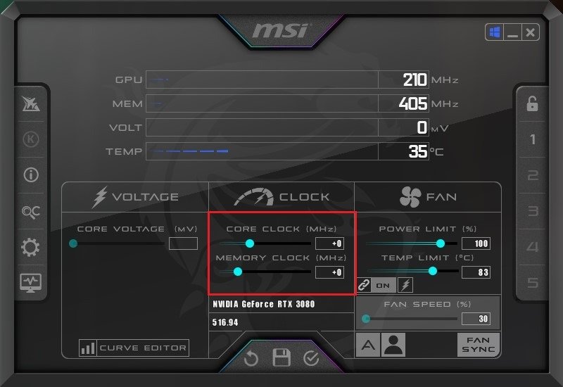 Разгон графического процессора Afterburner Msi Afterburner Clock Controls