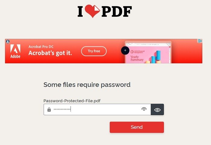 Удалить пароль PDF онлайн Ilovepdf Пароль введен