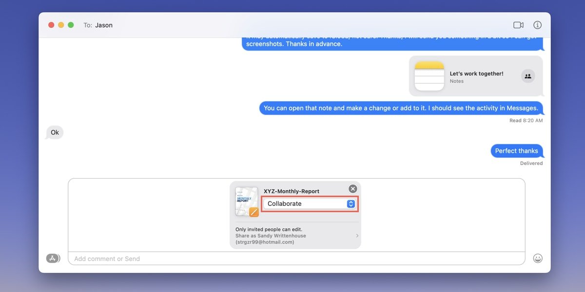 Совместная работа над файлом в «Сообщениях» на Mac