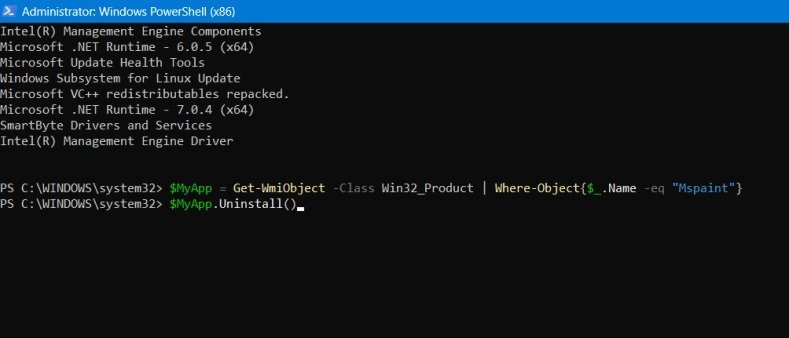 Использование MyApp для удаления программы пакета Paint в PowerShell.