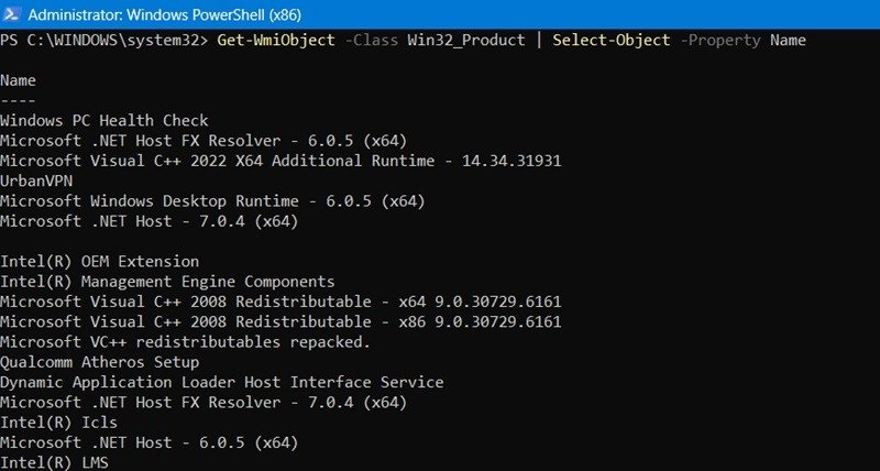 Перечисление различных программ в PowerShell с помощью команды Get-WmiObject.