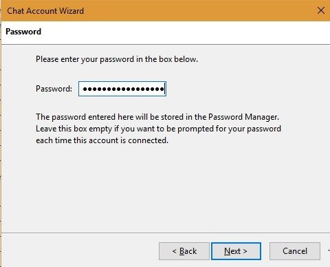 Мастер ввода пароля для учетной записи чата Thunderbird