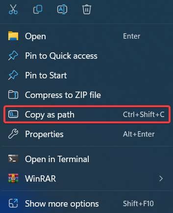 Нажмите «Копировать как путь» в контекстном меню.