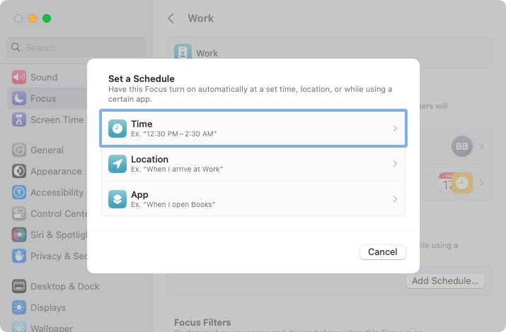 Выберите тип расписания для Focus на Mac
