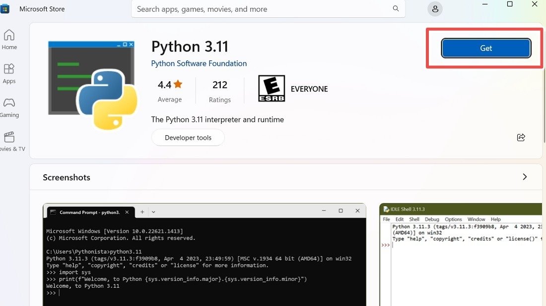 Установите Python из Microsoft Store, нажав «Получить».