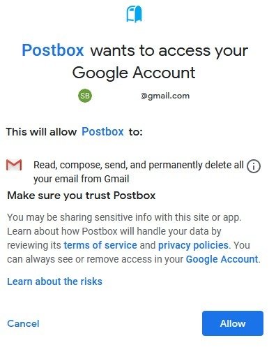 Разрешения почтового клиента почтового ящика Gmail