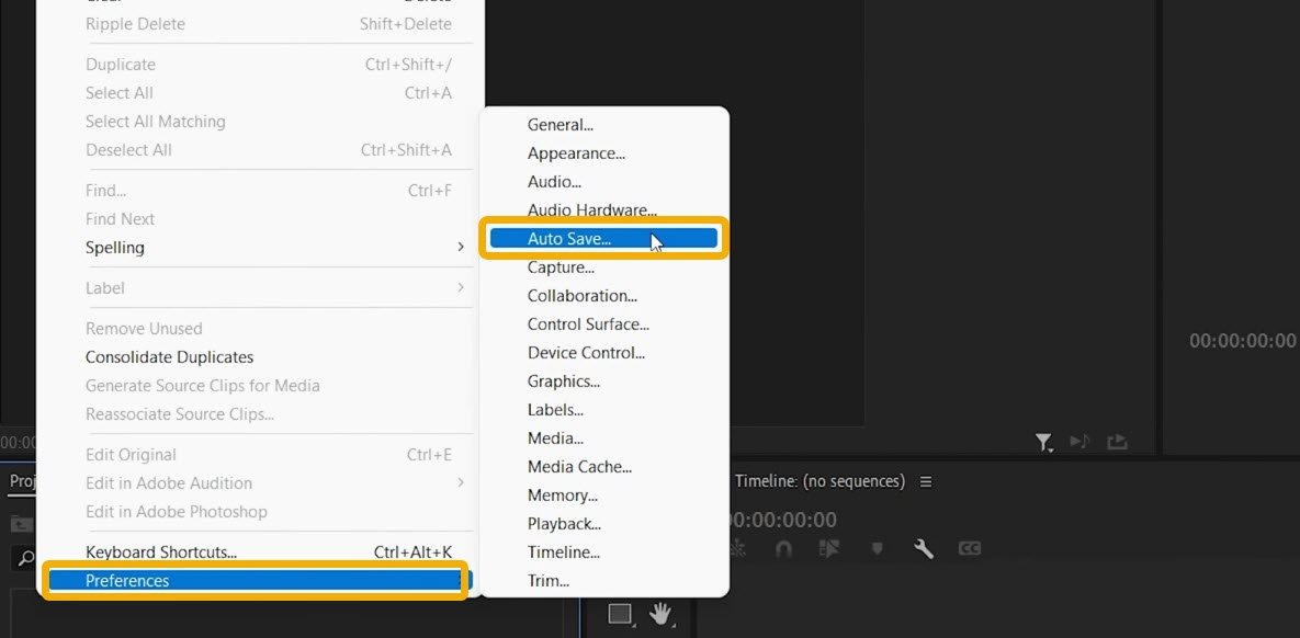 Активация опции «Автосохранение» в приложении Adobe Premiere.