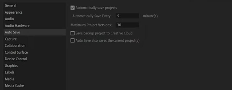 Настройка параметров автосохранения в Adobe Premiere.