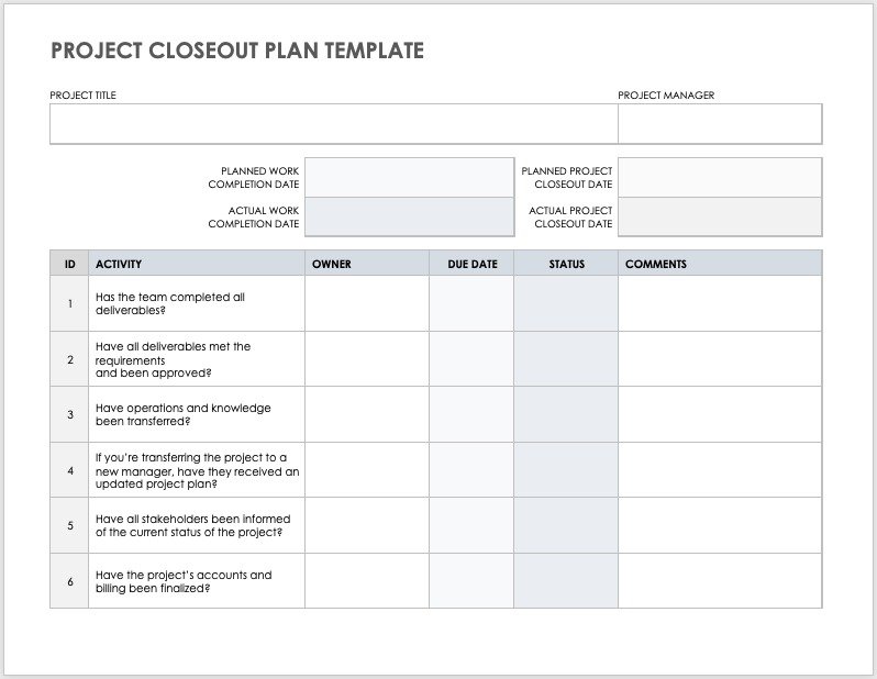 Шаблон плана закрытия проекта