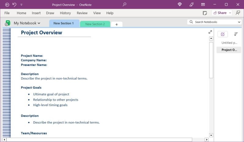 Шаблон обзора проекта в OneNote