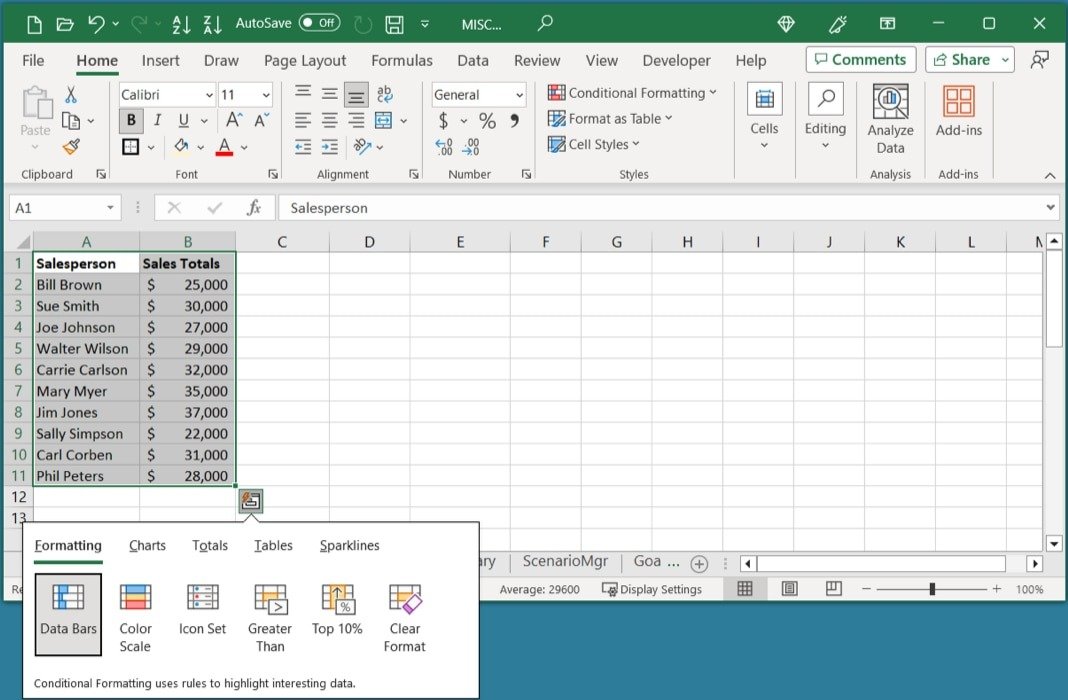 Параметры быстрого анализа Excel