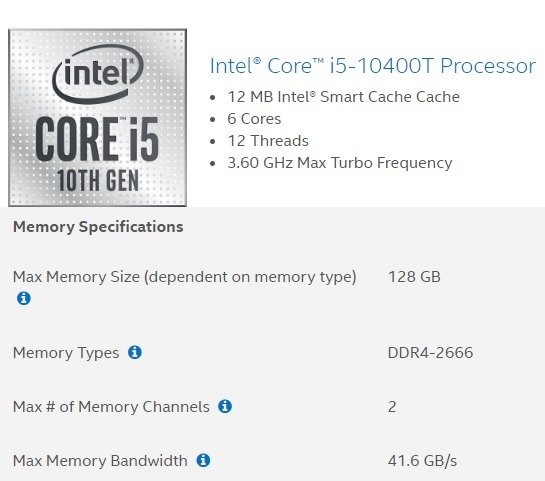 Требуется оперативная память Intel Core I5 ​​10400t 1